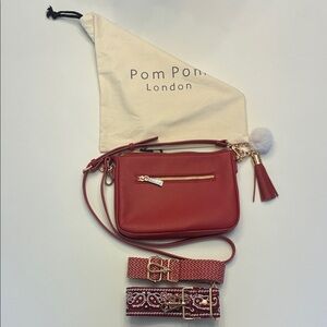 POM POM London Crimson Red City Slim Bag w/Dust Bag & 2 Straps